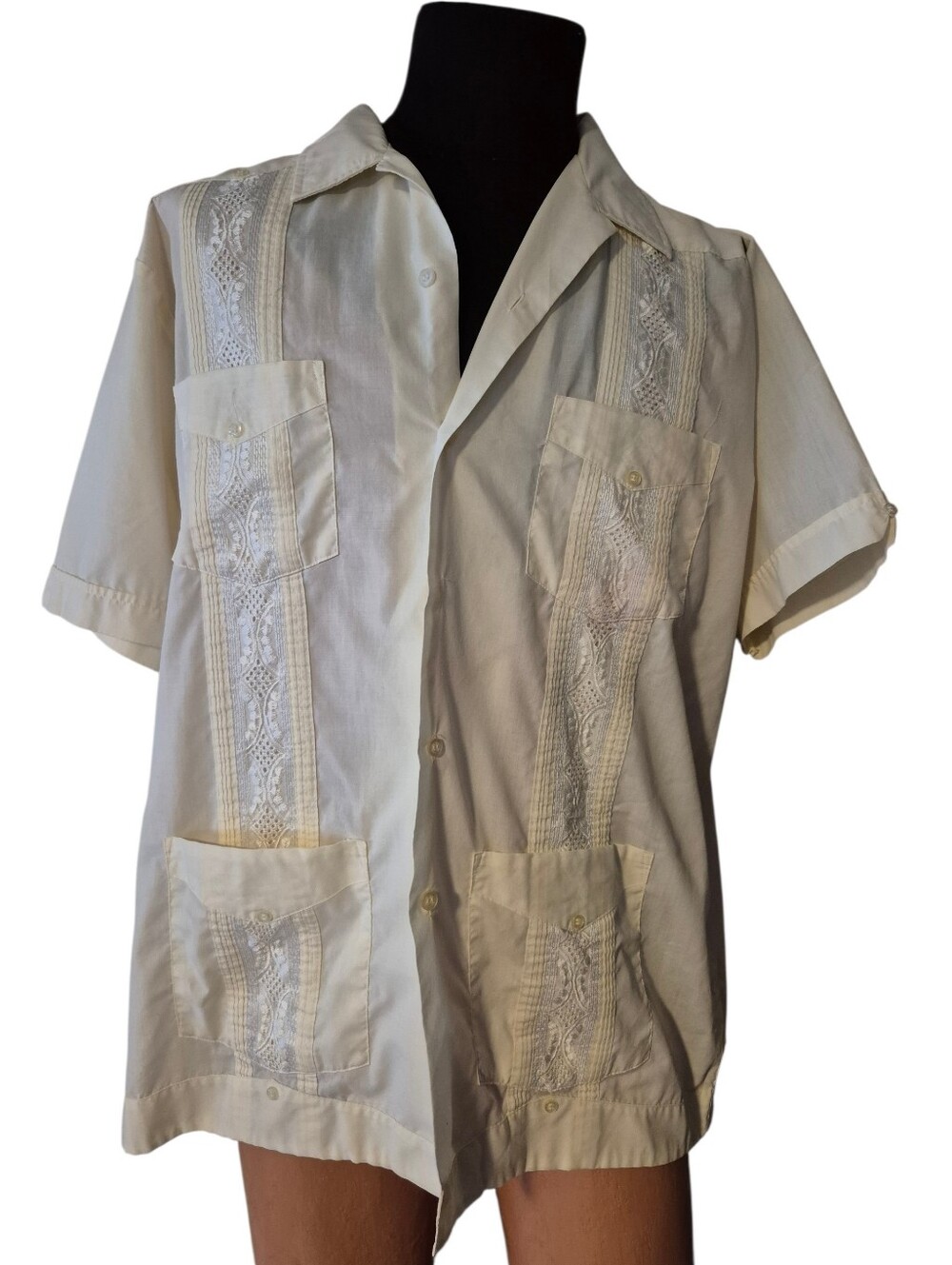Vintage 70s  Pale Yellow Guyabera Shirt Xl